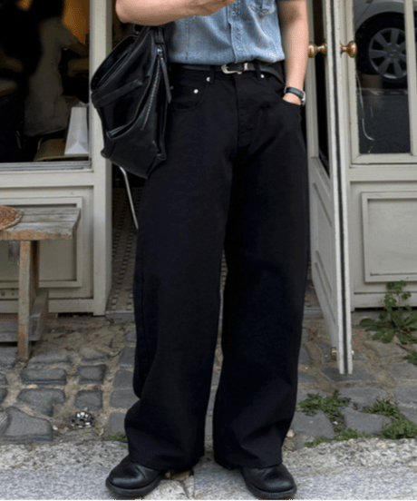 wide silhouette black denim pants　NL2409