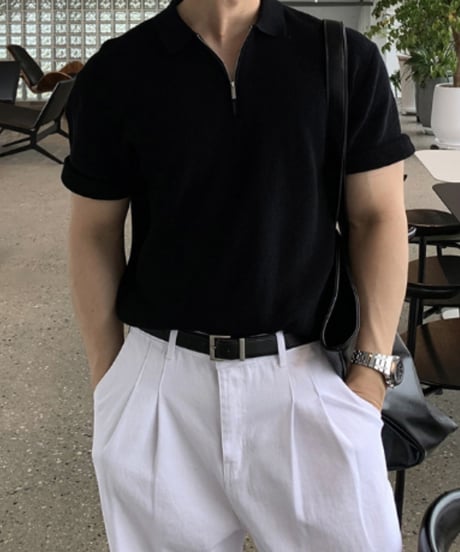 half-zip ribbed knit polo shirt /4color　NL2166
