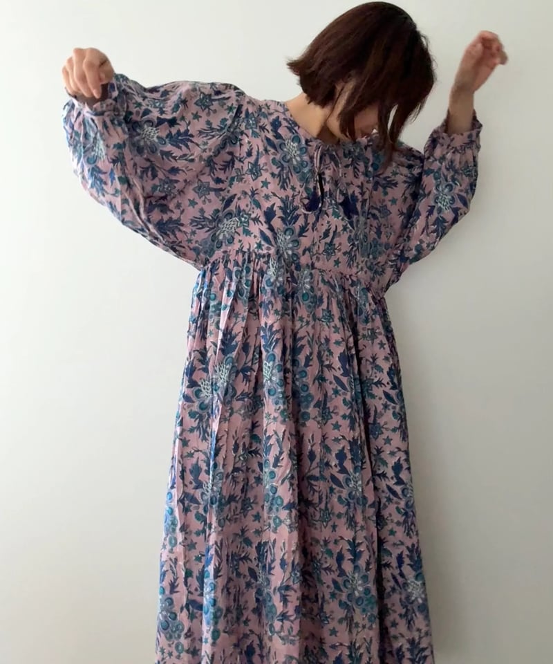 インド綿ブロックプリント ぽわん袖ワンピース アイリスパープル | Laddu