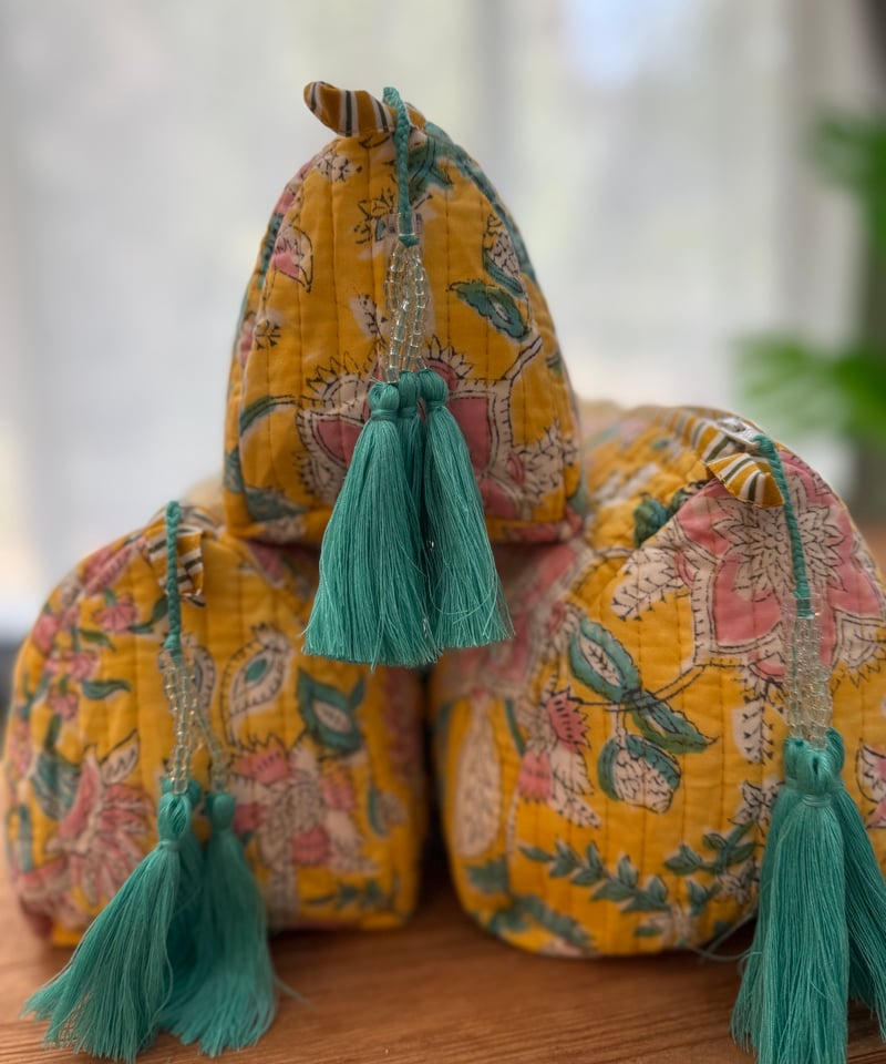 インド綿ブロックプリント キルトポーチ イエロー | Laddu