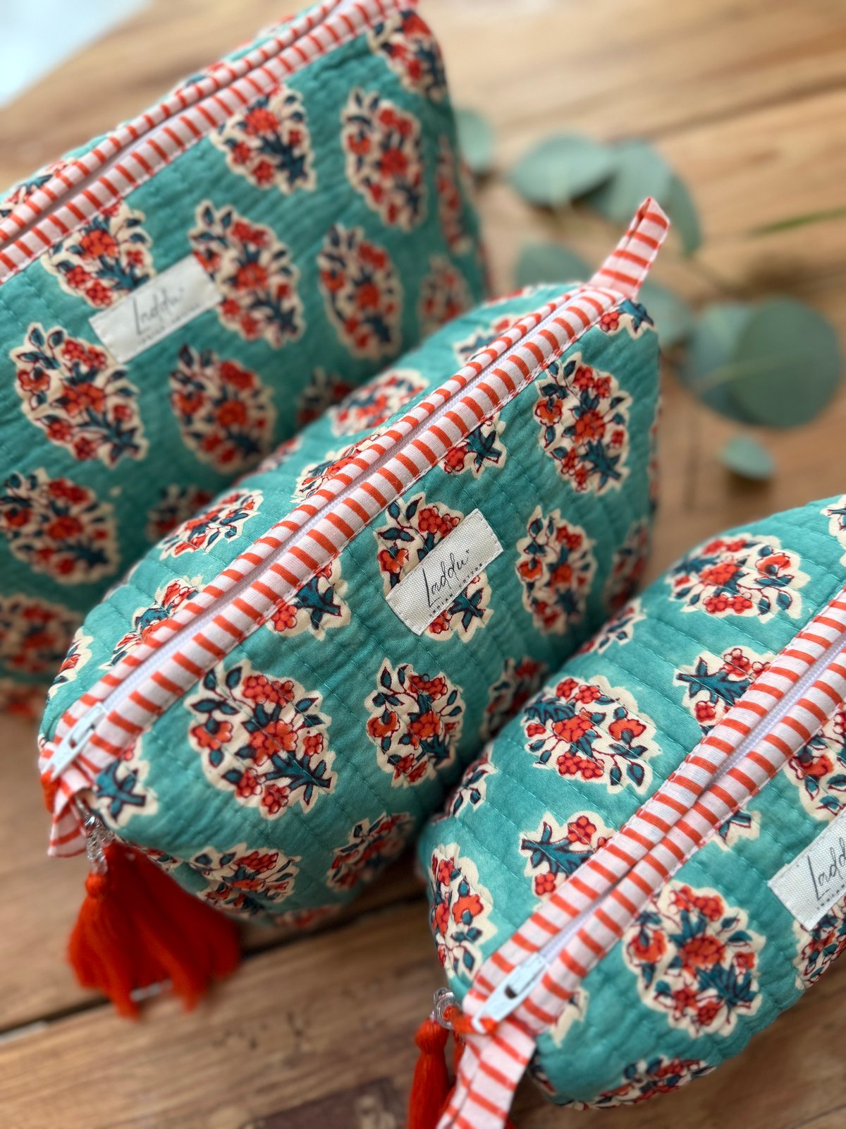 インド綿ブロックプリント キルトポーチ ターコイズグリーン | Laddu