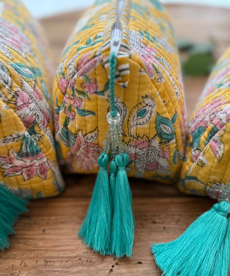 インド綿ブロックプリント キルトポーチ イエロー | Laddu