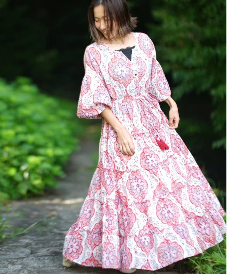 インド綿ブロックプリント 5段ティアードワンピース Luxe（リュクス