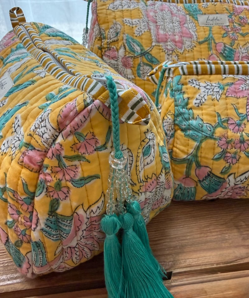 インド綿ブロックプリント キルトポーチ イエロー | Laddu