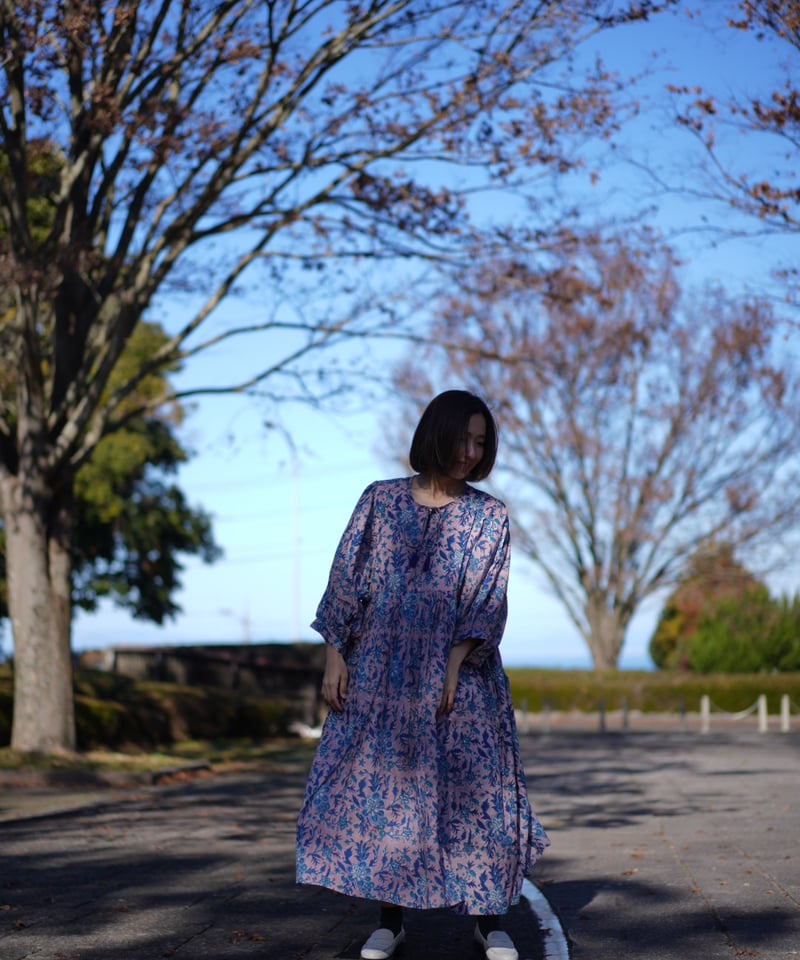 インド綿ブロックプリント ぽわん袖ワンピース アイリスパープル | Laddu