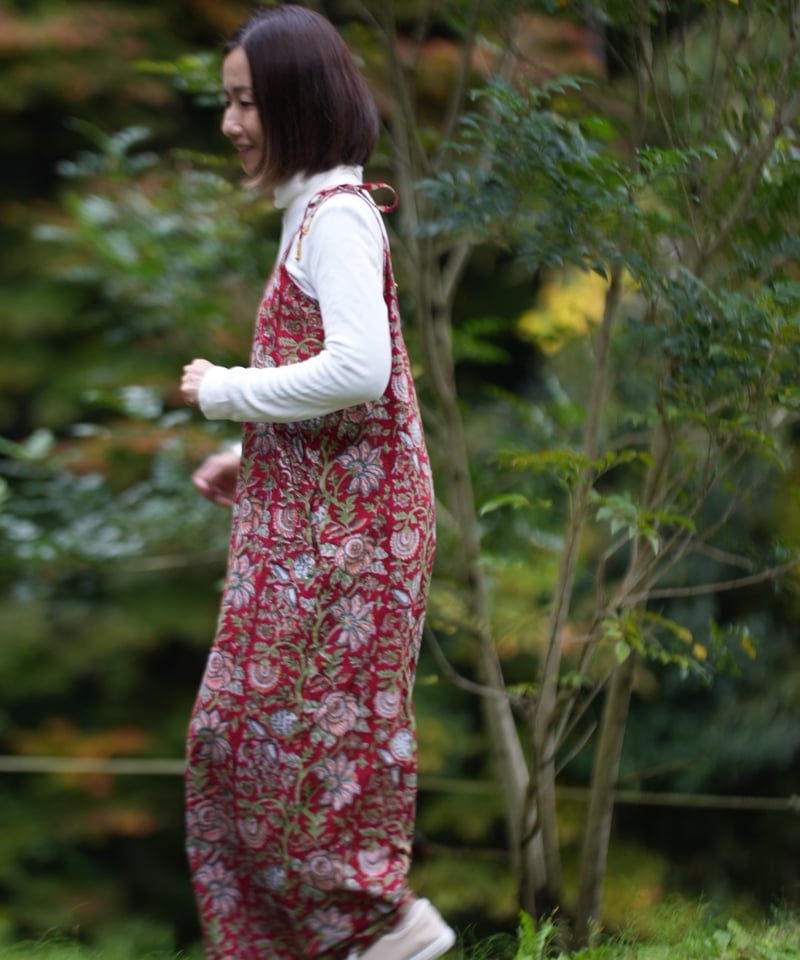 インド綿ブロックプリント サロペット レッド | Laddu