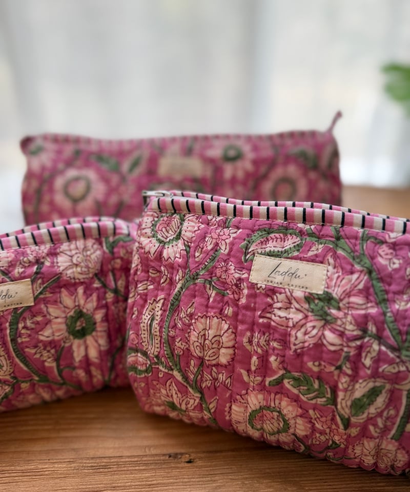インド綿ブロックプリント キルトポーチ ロゼ | Laddu