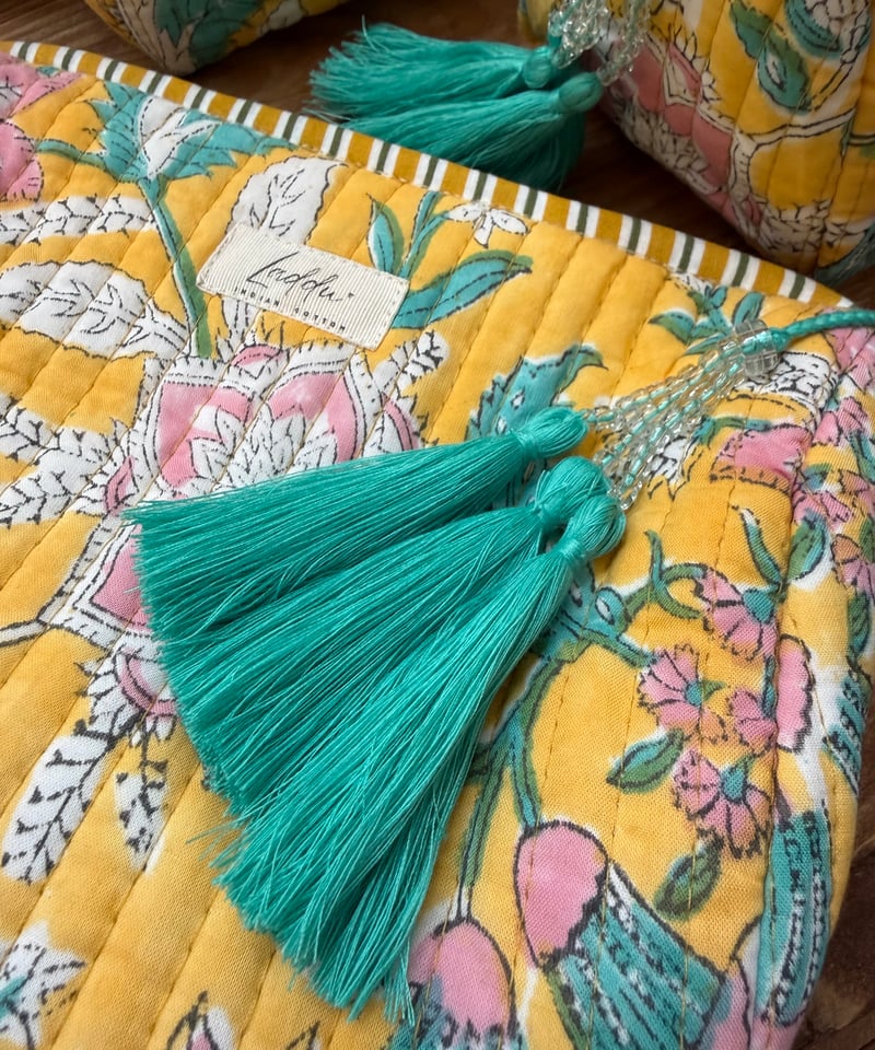 インド綿ブロックプリント キルトポーチ イエロー | Laddu