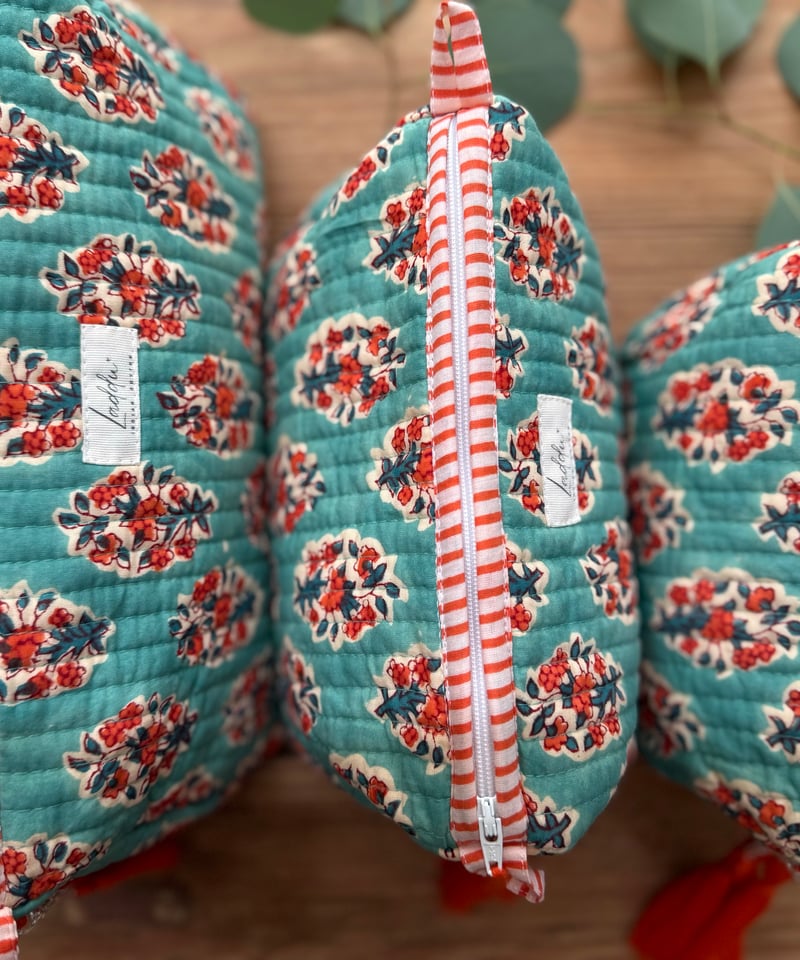 インド綿ブロックプリント キルトポーチ ターコイズグリーン | Laddu