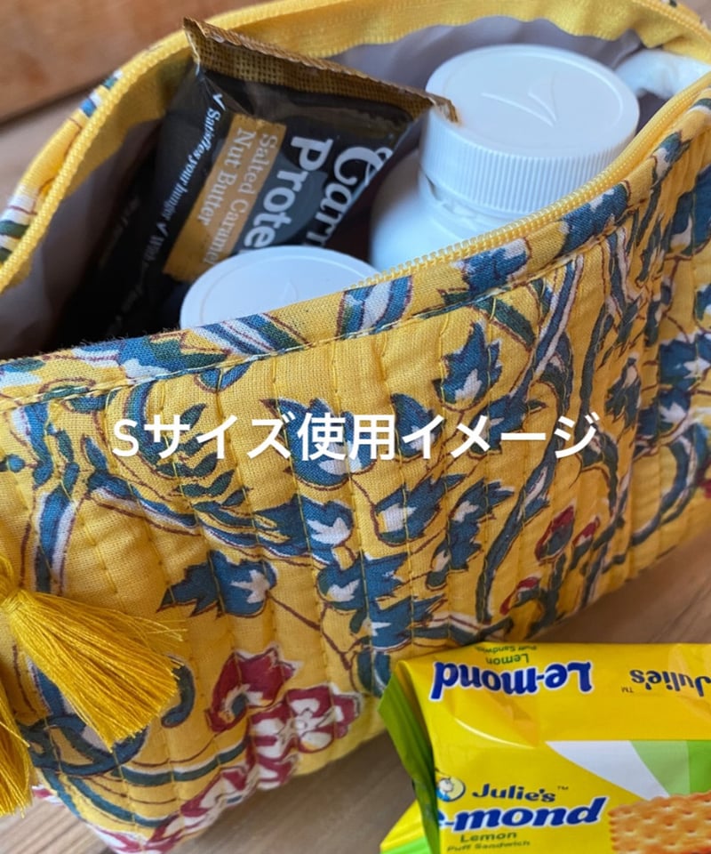 インド綿ブロックプリント キルトポーチ イエロー | Laddu