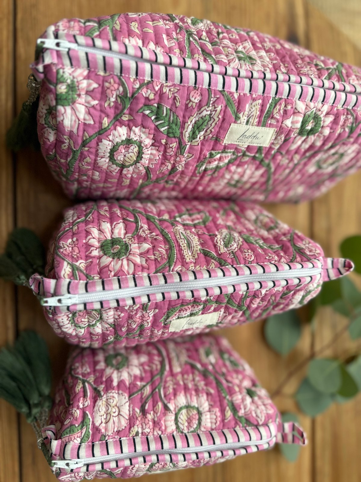 インド綿ブロックプリント キルトポーチ ロゼ | Laddu