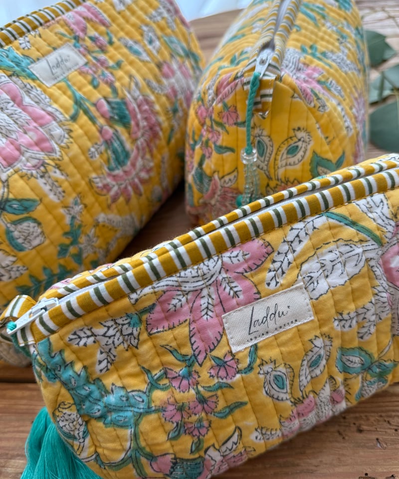 インド綿ブロックプリント キルトポーチ イエロー | Laddu