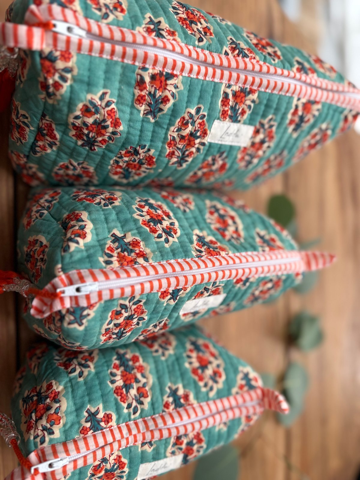 インド綿ブロックプリント キルトポーチ ターコイズグリーン | Laddu