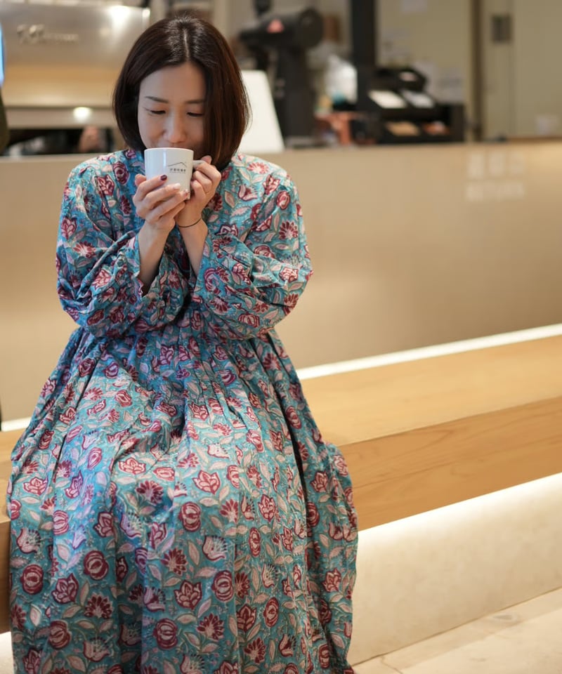 インド綿ブロックプリント ぽわん袖ワンピース ナイルブルー | Laddu