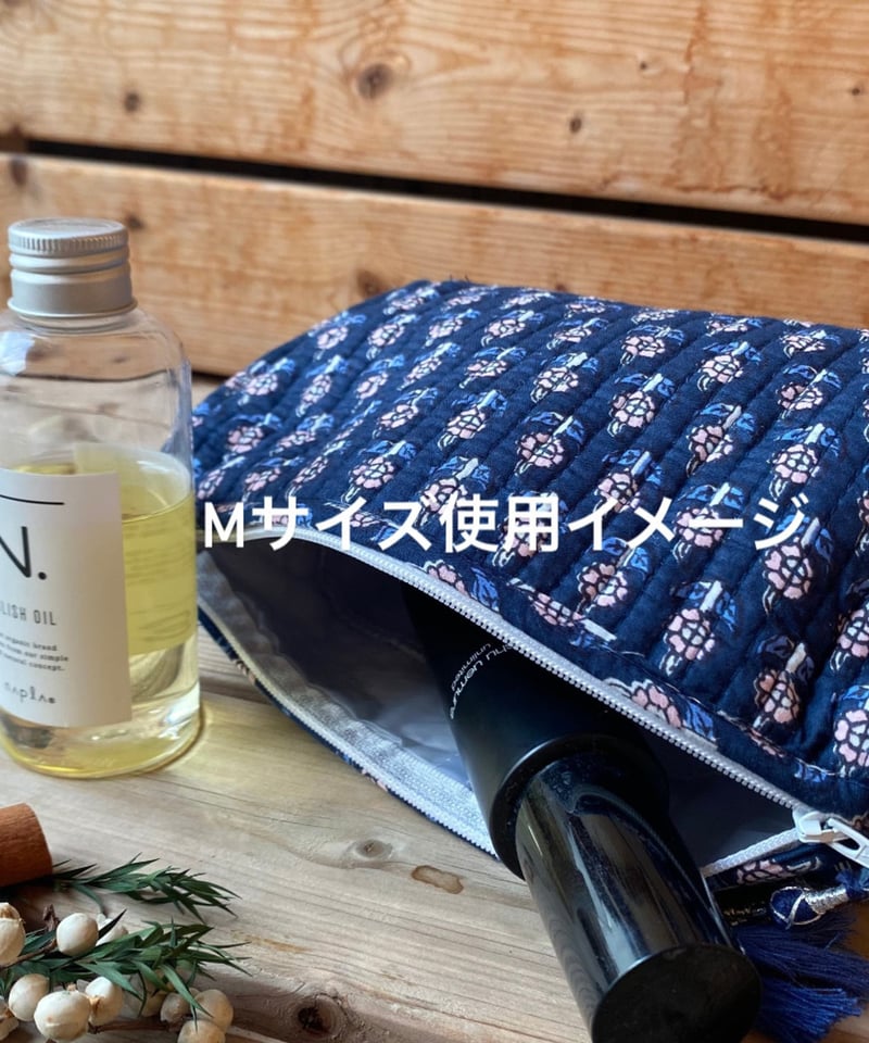 インド綿ブロックプリント キルトポーチ ブルー | Laddu