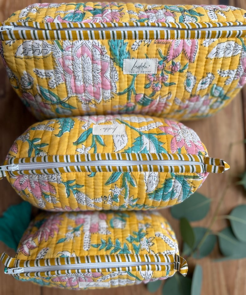 インド綿ブロックプリント キルトポーチ イエロー | Laddu