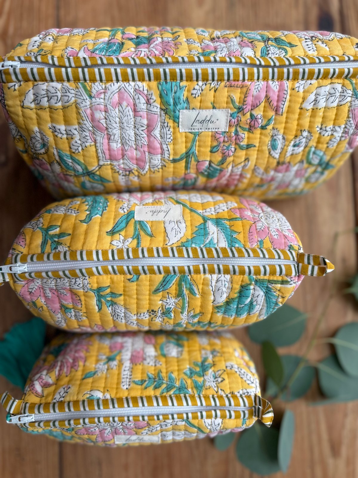 インド綿ブロックプリント キルトポーチ イエロー | Laddu