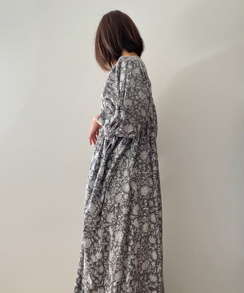 ヴィンテージ　孔雀インド綿ブロッキングワンピース　フローラル ドレス ヴィンテージインド綿ワンピースfloral