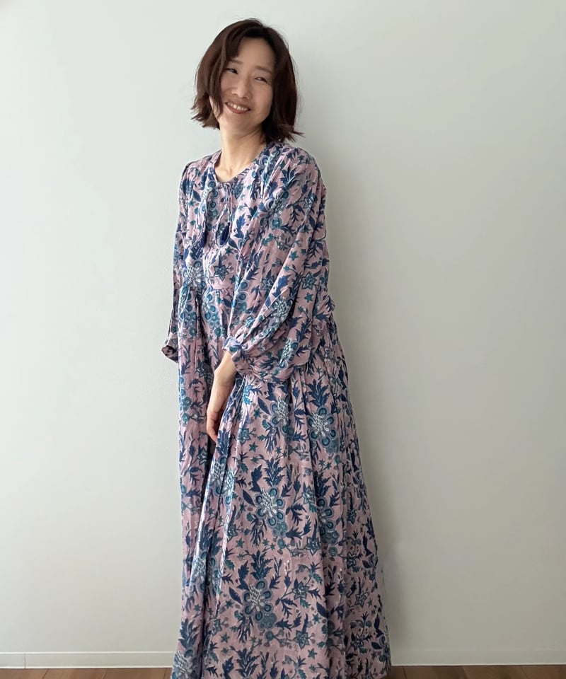 ブロックプリントワンピース インド綿 裏地あり インド綿ブロックプリント ぽわん袖ワンピース アイリスパープル | Laddu