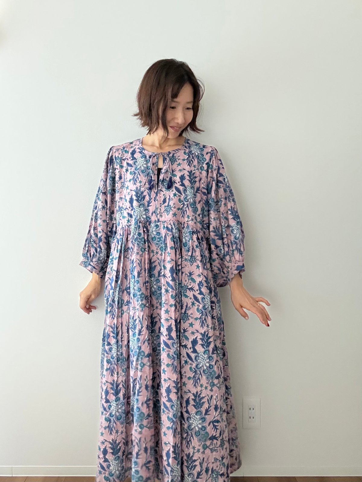 インド綿ブロックプリント ぽわん袖ワンピース アイリスパープル | Laddu