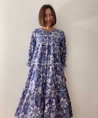 インド綿ブロックプリント はしごレース ティアードワンピース ブルー