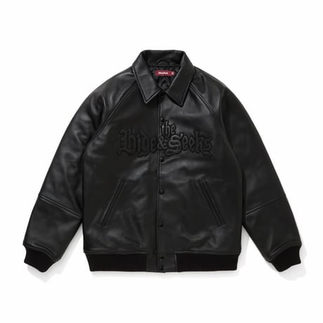 [HIDEANDSEEK×Toru Nishiura]Leather Varsity Jacket/BLK/BLK