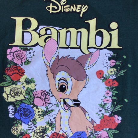 【Disney】バンビ パッチワーク調 アート プリント Tシャツ L  ディズニー 鹿 深緑