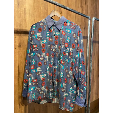 【LAVORD UOMO】総柄 シルクシャツ 幾何学モチーフ L