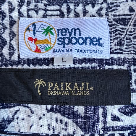 希少コラボ【reyn spooner × PAIKAJI】 総柄 長袖 アロハシャツ コットンリネン L 紺×白 日本製