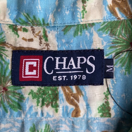 【CHAPS】綿麻ドビー織り パームツリー＆アイランド総柄 半袖オープンカラーアロハシャツ  サックスブルーM