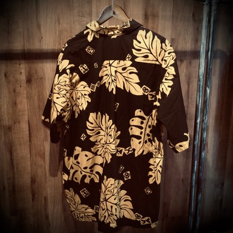 【Go BAREFOOT】 USA製 モンステラ・リーフ柄 アロハシャツ ブラック×イエロー 2XL