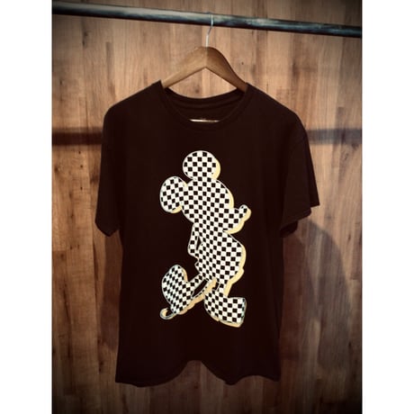 【Disney】チェッカーフラッグ柄 ミッキーマウス シルエット Tシャツ L