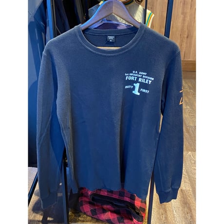 【AVIREX】U.S. ARMY FORT RILEY プリント ワッフル ロングTシャツ M/ミリタリー