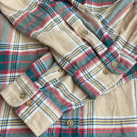 【LANDS' END】厚手コットン ネルシャツ ベージュ系 チェック柄 ボタンダウン