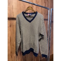 90s 【CHAPS Ralph Lauren】 ヘリンボーン総柄 Vネック コットンニットセーター ネイビー S