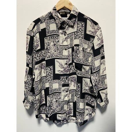 【Y&L】ウォッシュドシルクシャツ　90sヴィンテージ　モノトーン総柄シャツ