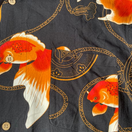 【Originals】レーヨン100% 金魚・和柄 半袖オープンカラーアロハシャツ  ブラック XL