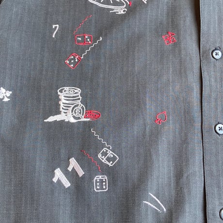 CHEROKEE カジノ・ラスベガス柄 刺繍 オープンカラーシャツ レーヨン混 チャコールグレー Lサイズ