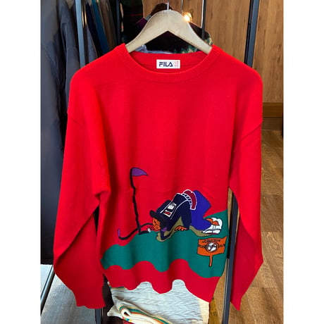 【FILA】  ヴィンテージ ウールニット セーター レッド Lサイズ ゴルフ刺繍 90s レトロ