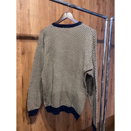 90s 【CHAPS Ralph Lauren】 ヘリンボーン総柄 Vネック コットンニットセーター ネイビー S