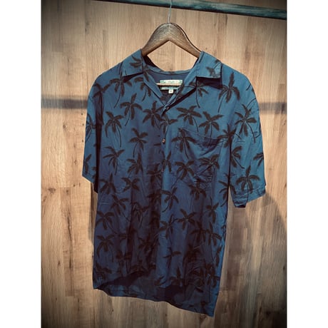 【TWO PALMS】MADE IN HAWAII レーヨン100% パームツリー柄 半袖オープンカラーアロハシャツ ネイビーM