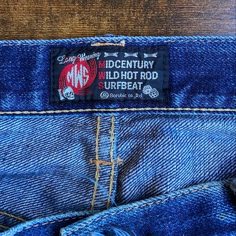 【MWS】 MIDCENTURY WILD HOT ROD SURFBEAT 濃紺色落ち デニムパンツ W36 ボタンフライ 100%コットン 日本製 雰囲気抜群