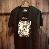 【Disney】バンビ パッチワーク調 アート プリント Tシャツ L  ディズニー 鹿 深緑