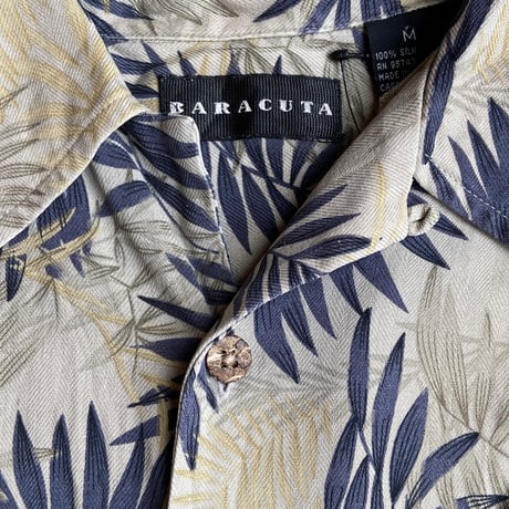 希少【BARACUTA】 シルク100% アロハシャツ M ボタニカル柄 リーフ柄 オープンカラー 開襟シャツ