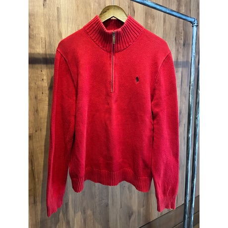 【Polo Ralph Lauren】 ハーフジップ コットンニット 赤 Lサイズ（リペア済）