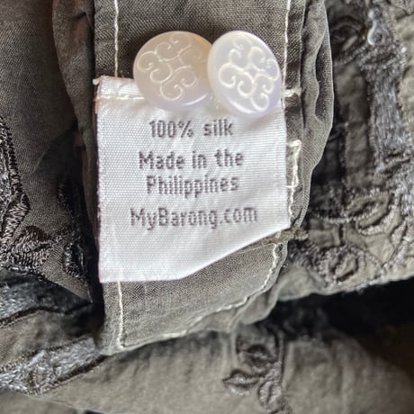 希少 MyBarong.com 100% シルク バロンタガログ 刺繍 シャツ L 古着 フィリピン民族衣装 立ち襟 アジアン