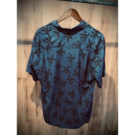 【TWO PALMS】MADE IN HAWAII レーヨン100% パームツリー柄 半袖オープンカラーアロハシャツ ネイビーM