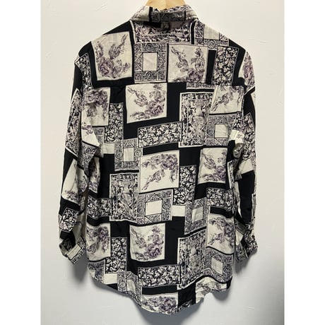 【Y&L】ウォッシュドシルクシャツ　90sヴィンテージ　モノトーン総柄シャツ