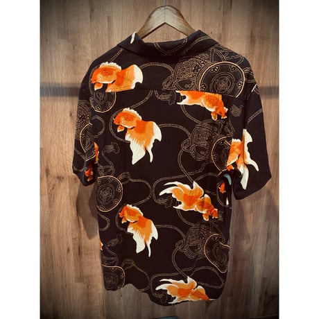 【Originals】レーヨン100% 金魚・和柄 半袖オープンカラーアロハシャツ  ブラック XL