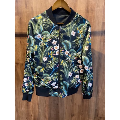 【H&M】 リバーシブル ボンバージャケット ボタニカル総柄 × ブラックサテン US XSサイズ